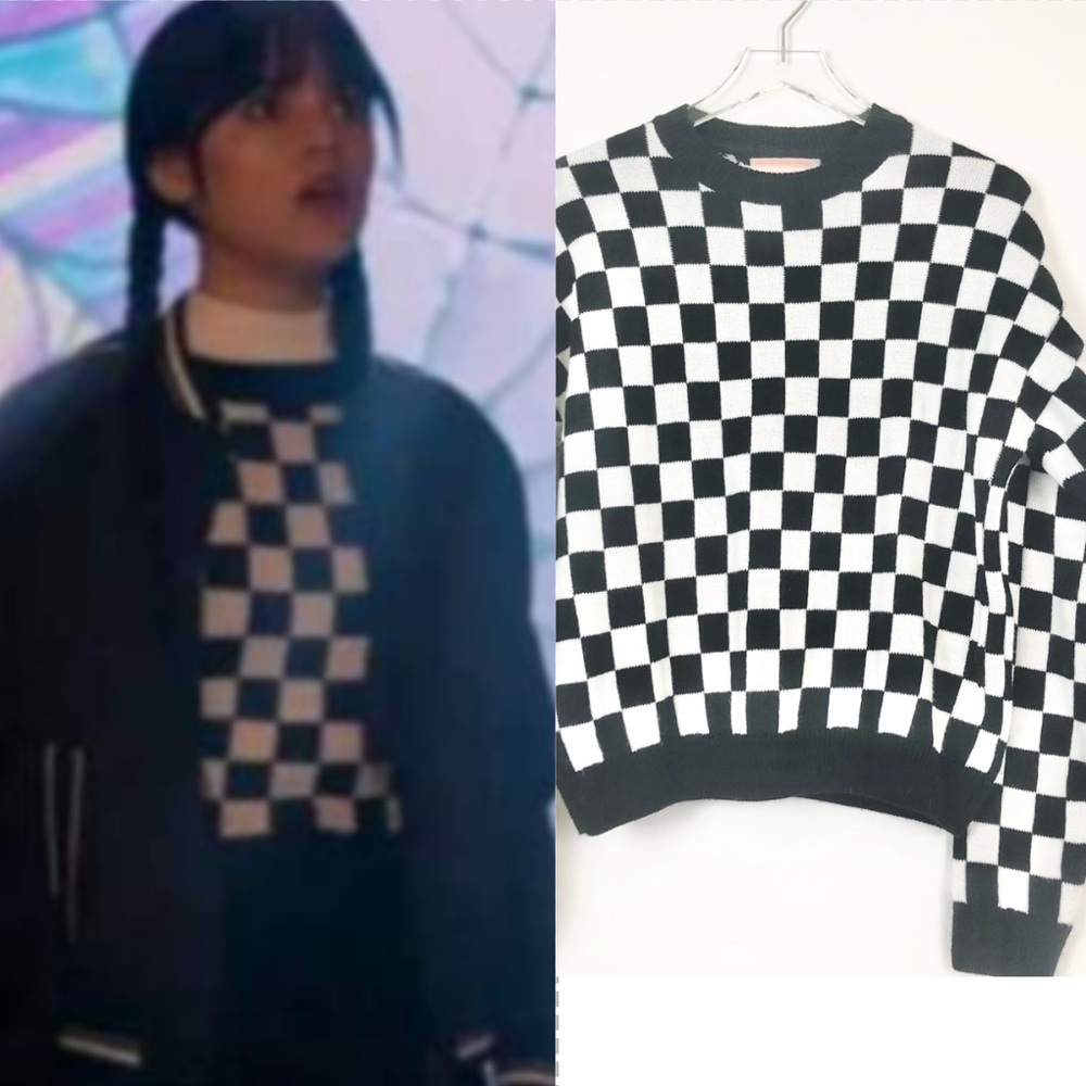 ASO Wednesday Addams Checkered Black and White Sweater